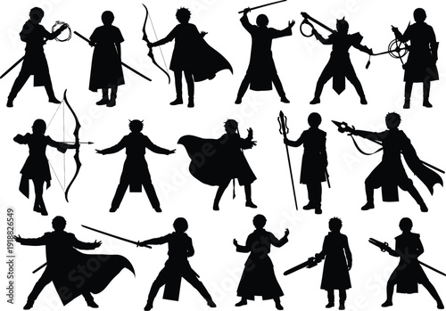 Fantasy warrior silhouettes in action poses, featuring characters with swords, bows, and mythical weapons, ready for epic battles.
