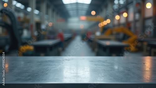 Wallpaper Mural Empty Steel Tabletop with Blurred Factory Background for Business Presentation Torontodigital.ca