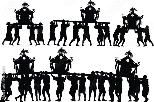 Japanese Shinto Mikoshi portable shrine carried by people in silhouette, traditional festival procession