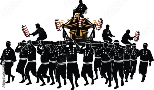 Shinto festival in Japan, group of men carrying a decorated portable shrine or mikoshi, traditional illustration