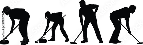 Curling athletes silhouette set sweeping ice with broom and stone, isolated on white background. Winter sport action collection for championship, training, teamwork and strategy.