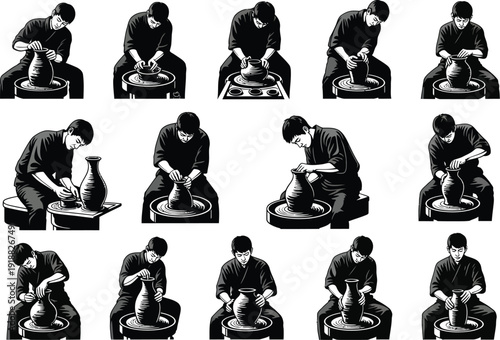 Pottery artist at work: A collection of illustrations showing a man shaping clay on a potter's wheel, detailed process
