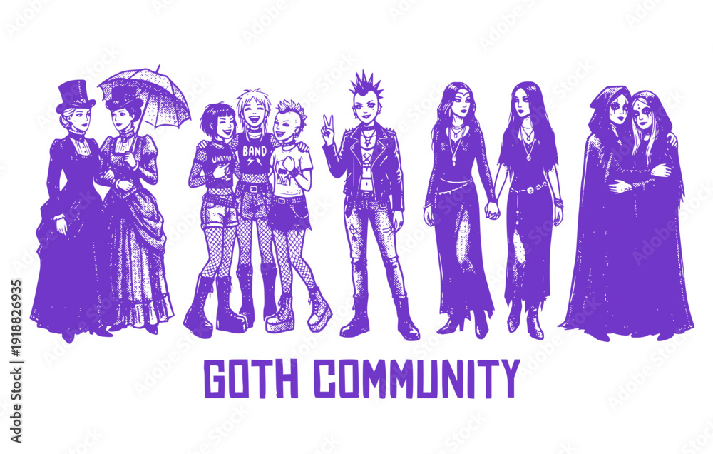 Obraz premium Black White Halftone Goth Girls Group Alternative Set 5 Sketch Multiple Fashion-Gothic Style Community Diverse Vector Set