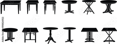 Set of wooden table silhouettes, rectangular and round dining furniture, cafe desk icons for interior home design, apartment decor elements, comma.