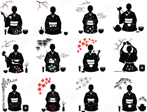 Japanese woman in kimono performing tea ceremony rituals with seasonal floral motifs: cherry blossoms, maple leaves, snowflakes