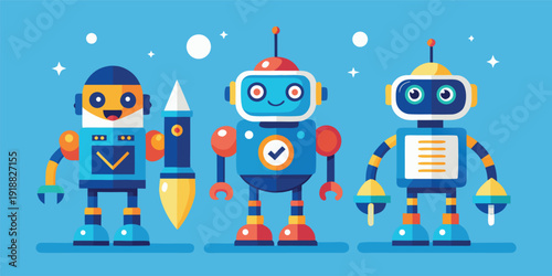 Colorful robots with different accessories in space