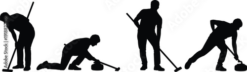 Curling player silhouette set with broom and stone in different poses, isolated on white background. Winter sport athlete action collection for competition and training.