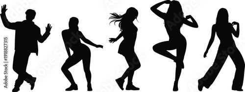 Dancing people silhouette set in different poses, isolated on white background. Party dance action collection for nightclub, music festival, celebration and entertainment concept.