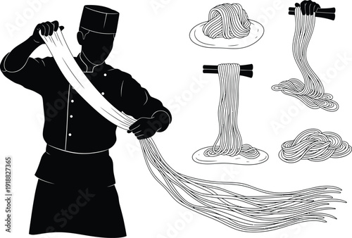 Chef making handmade noodles with dramatic pulling technique, surrounded by fresh noodle displays.
