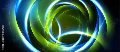 Abstract design features glowing circular layers. Blue, green hues dominate dark background. Dynamic energy radiates from center.
