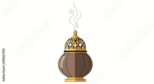 A brown and gold incense burner with smoke rising from the top on a white background