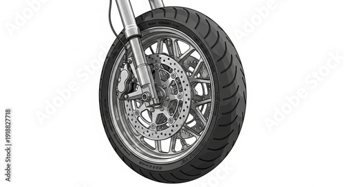 Motorcycle Front Wheel Closeup View.