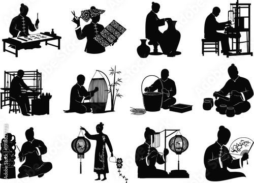Traditional Chinese craftspeople creating art and goods, silhouette collection
