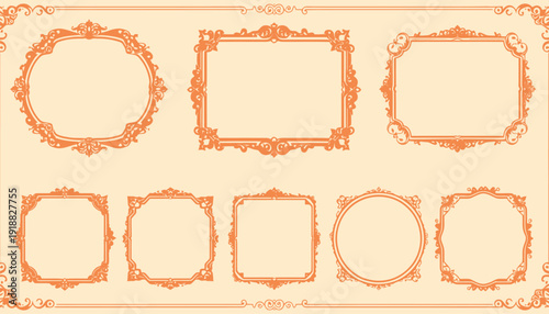 Collection of ornate vintage decorative frame set featuring various geometric shapes like circles and rectangles with elegant baroque swirling corner embellishments in a soft peach tone.