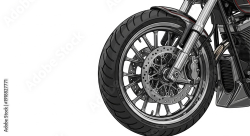 Motorcycle Front Wheel Closeup View.