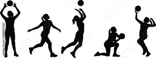 Netball player silhouette set in different action poses with ball, isolated on white background. Women sport athlete collection for training, match and competition concept.