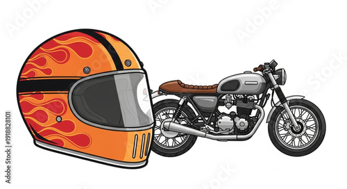 Motorcycle Helmet and Bike Illustration.
