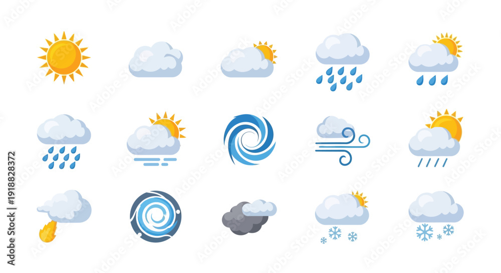 Obraz premium Collection of stylized flat design weather icons illustrating diverse meteorological conditions like sun rain clouds wind and significant storm events