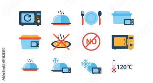 Collection of twelve flat design icons illustrating microwave usage instructions including temperature limits reheating and freezing symbols clearly displayed