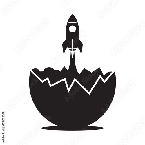 A rocket emerging from a cracked eggshell symbolizing new beginnings