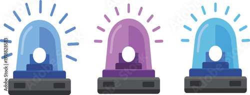 Set of colorful emergency siren icons, police flasher lights isolated on white background for security design