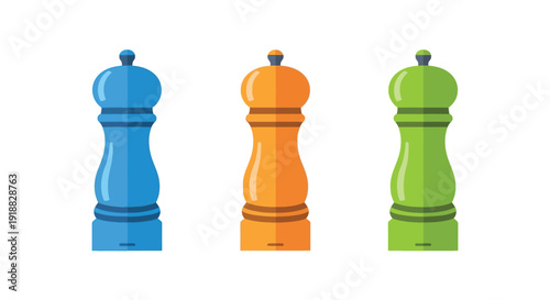 Three colorful classic salt and pepper grinders are displayed side by side in a vibrant flat illustration design style