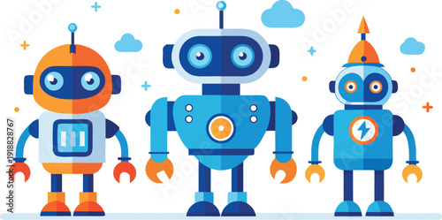 Three colorful robots standing together in playful futuristic scene