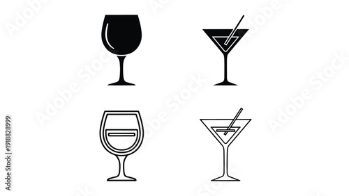 Wine glass martini cocktail icon set flat design vector illustration - Line and glyph icon set - Stickers and Clipart - PNG and SVG Icon collection - Lineal icons - Editable icon