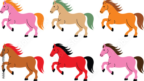 Six Cartoon Horses Galloping in Different Bright ColorsStock Illustration