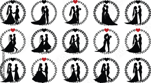 Collection of diverse bride and groom silhouette vector icons featuring couples in various romantic poses enclosed within decorative leafy wreaths topped with hearts for wedding celebrations