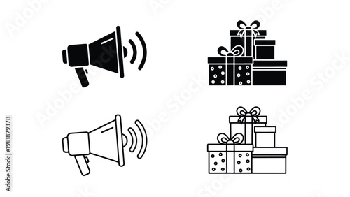 Megaphone gift box icon set flat design vector illustration - Line and glyph icon set - Stickers and Clipart - PNG and SVG Icon collection - Lineal icons - Editable icon