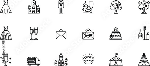 A collection of black and white line icons representing various essential elements and moments associated with planning and celebrating a beautiful wedding ceremony or festive event