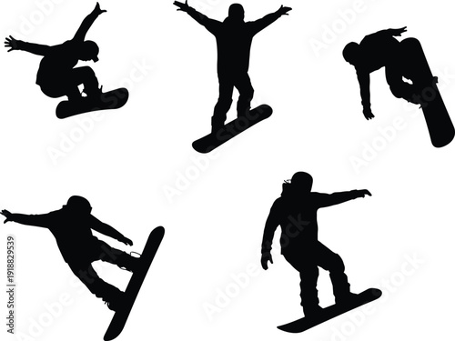 Snowboarder silhouette collection performing freestyle jumps and aerial tricks, isolated on white background. Winter extreme sport athlete action set for snowboarding, adventure and training.