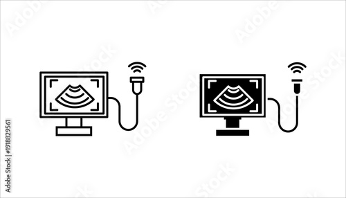 Outline icon set. of ultrasound monitor with probe. Perfect for healthcare, diagnostics, pregnancy scan, and medical technology topics.