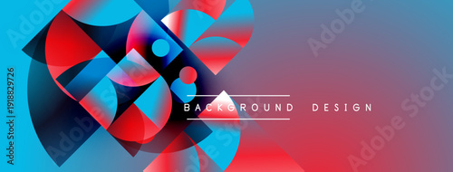 Abstract geometric shapes blend vibrant blues, reds, gradients. Modern design evokes dynamic energy, visual interest.