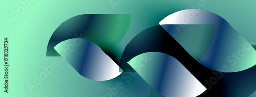 Abstract shapes overlap, creating fluid forms. Teal background complements blue, green gradients. Modern design evokes movement, depth.