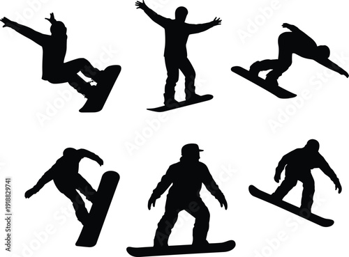 Snowboarder silhouette set performing freestyle jumps and tricks, isolated on white background. Winter extreme sport athlete action collection for snowboarding, training, adventure and competition.