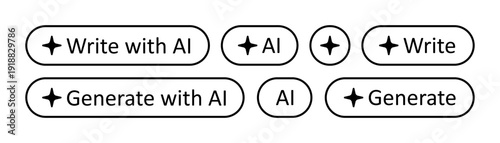 AI star button. Write, generate with AI stamp. Artificial intelligence symbol. Black AI robot sign. Magic star smart assistant. Vector illustration isolated on white background.