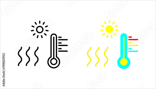 Outline icon set. featuring sun, heat waves, and thermometer. Perfect for temperature, weather, climate change, and heating system visuals.