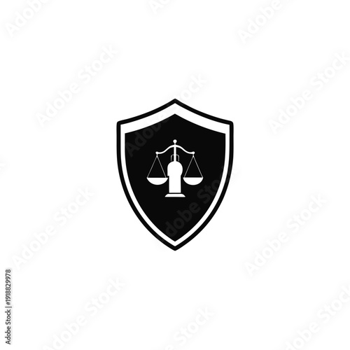 Justice shield icon black silhouette isolated on white minimalist vector design