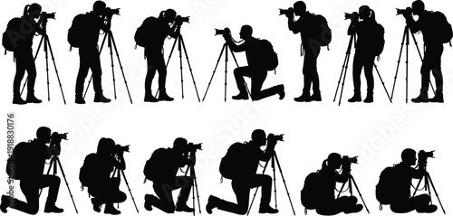 Set of photographer silhouettes taking photos with cameras and tripods, men and women with backpacks, vector illustration, isolated on white background, hobby concept