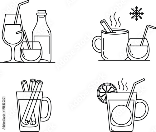 Vector line art illustration set of hot and cold beverages including coffee tea cocktails and bottled drinks