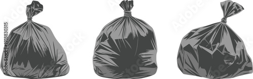 Trash bag illustration set in different shapes, isolated on white background. Plastic garbage sack collection for waste disposal, recycling, cleanup service and environmental concept.