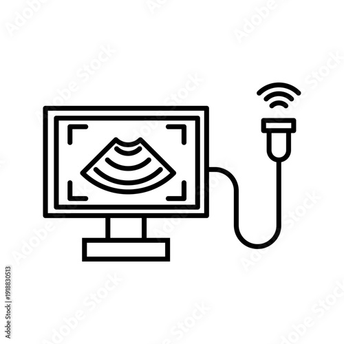 Outline icon of ultrasound monitor with probe. Perfect for healthcare, diagnostics, pregnancy scan, and medical technology topics.