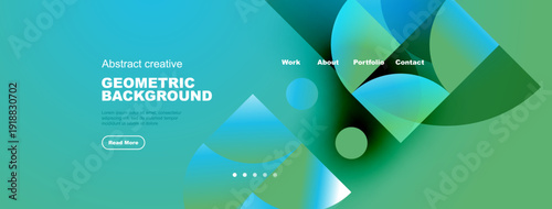 Abstract website mockup. Geometric shapes blend turquoise, green hues. Navigation includes work, about, portfolio, contact sections.