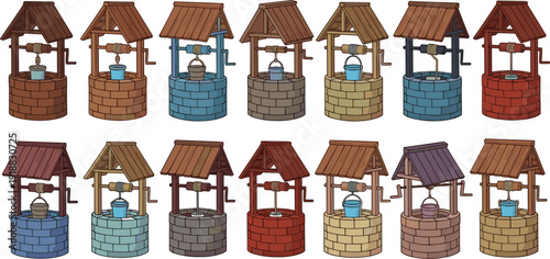 Vector illustration set of traditional brick water wells with wooden roofs and buckets in various rustic colors।