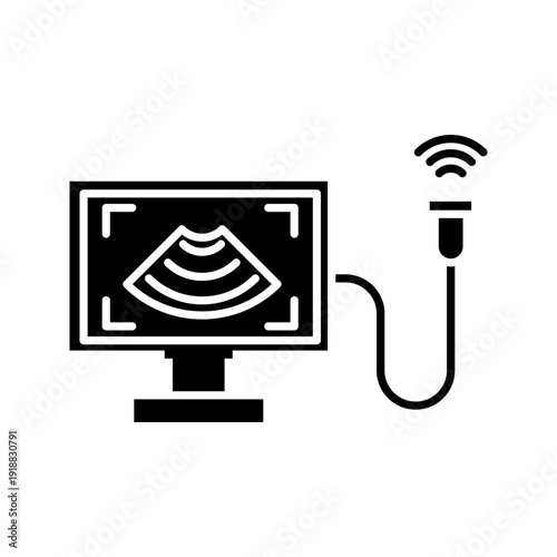 Outline icon of ultrasound monitor with probe. Perfect for healthcare, diagnostics, pregnancy scan, and medical technology topics.