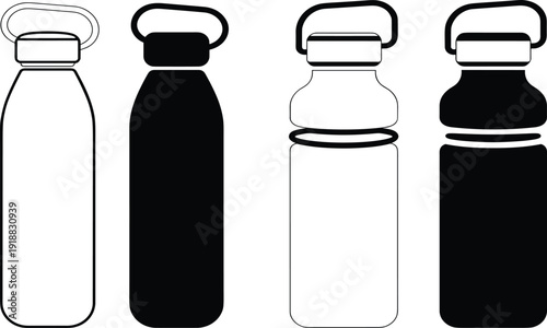 Set of black water bottle silhouettes, sports drink containers 