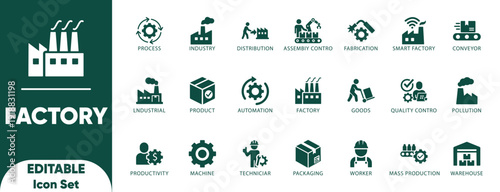 Factory solid icon set. Containing industry, manufacture, machine, production, fabrication, warehouse, and vector icons.