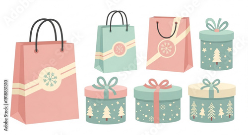 Colorful christmas gift bags and presents with ribbons and bows on white background for holiday shopping